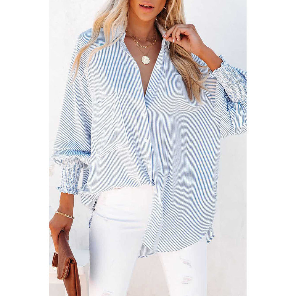 Women's Long Sleeve Shirt Loose Striped Cuff Blouses