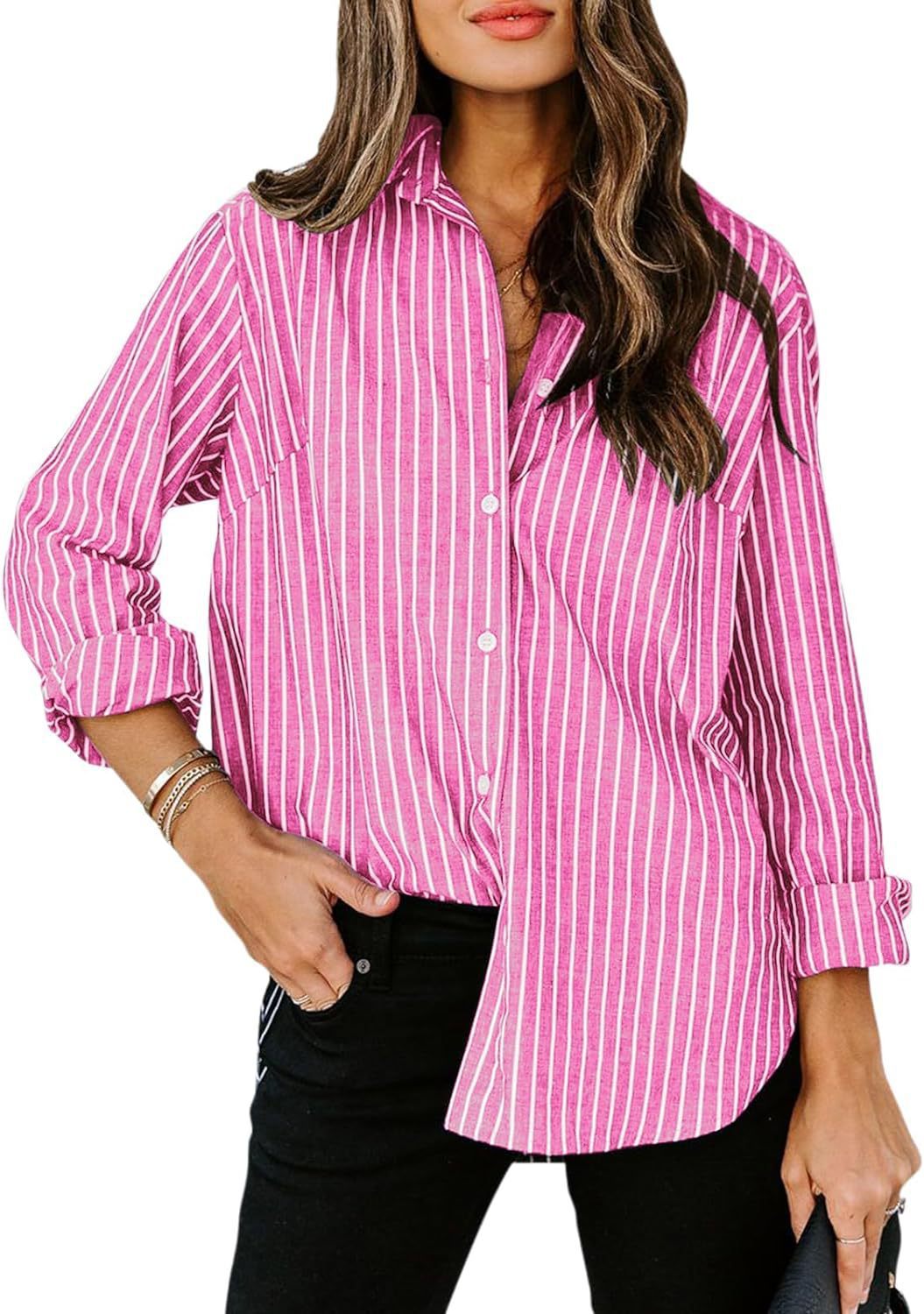 Women's Casual Striped Long-sleeved Button Shirt Blouses