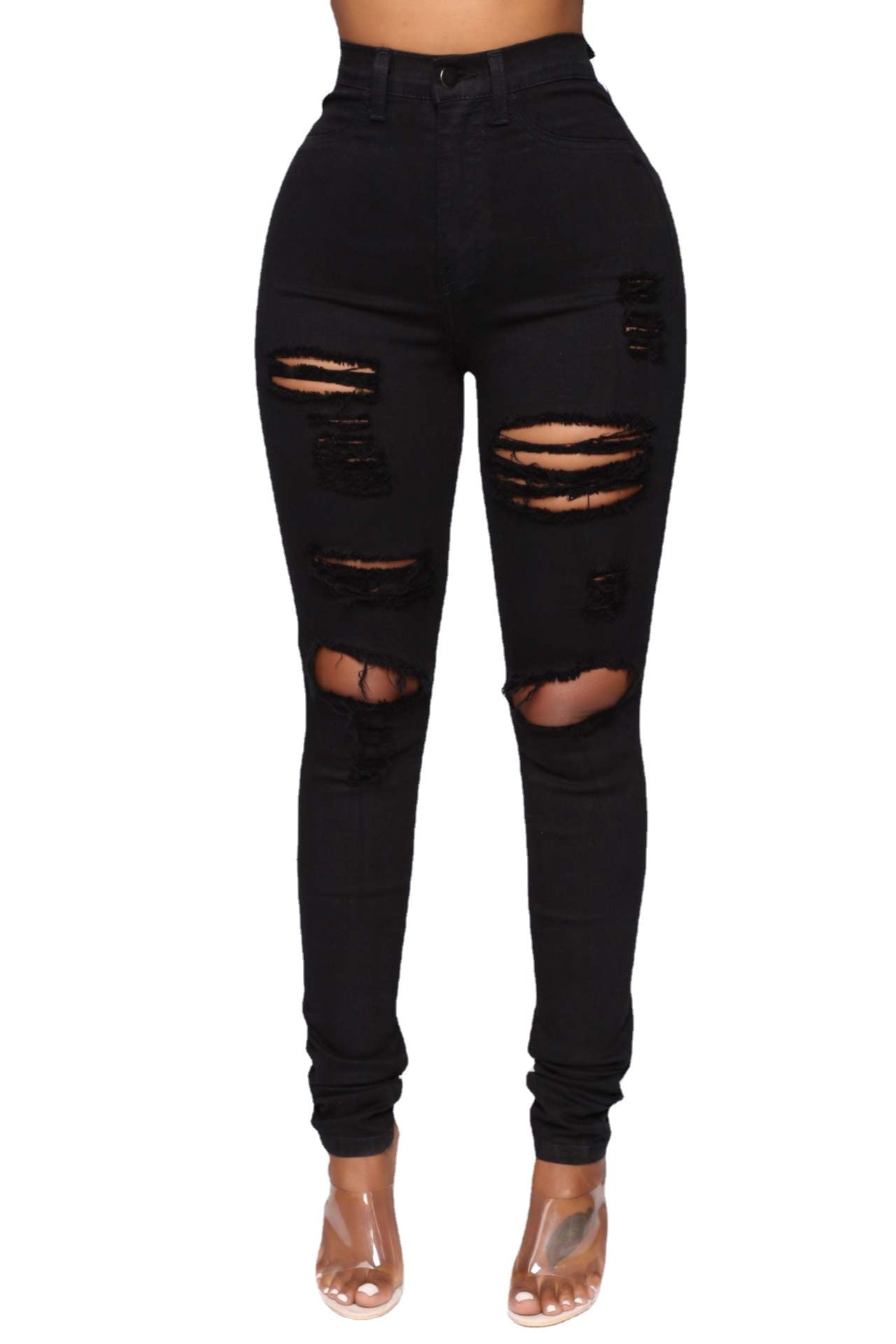 Women's Black White Stretch Ripped Skinny Jeans