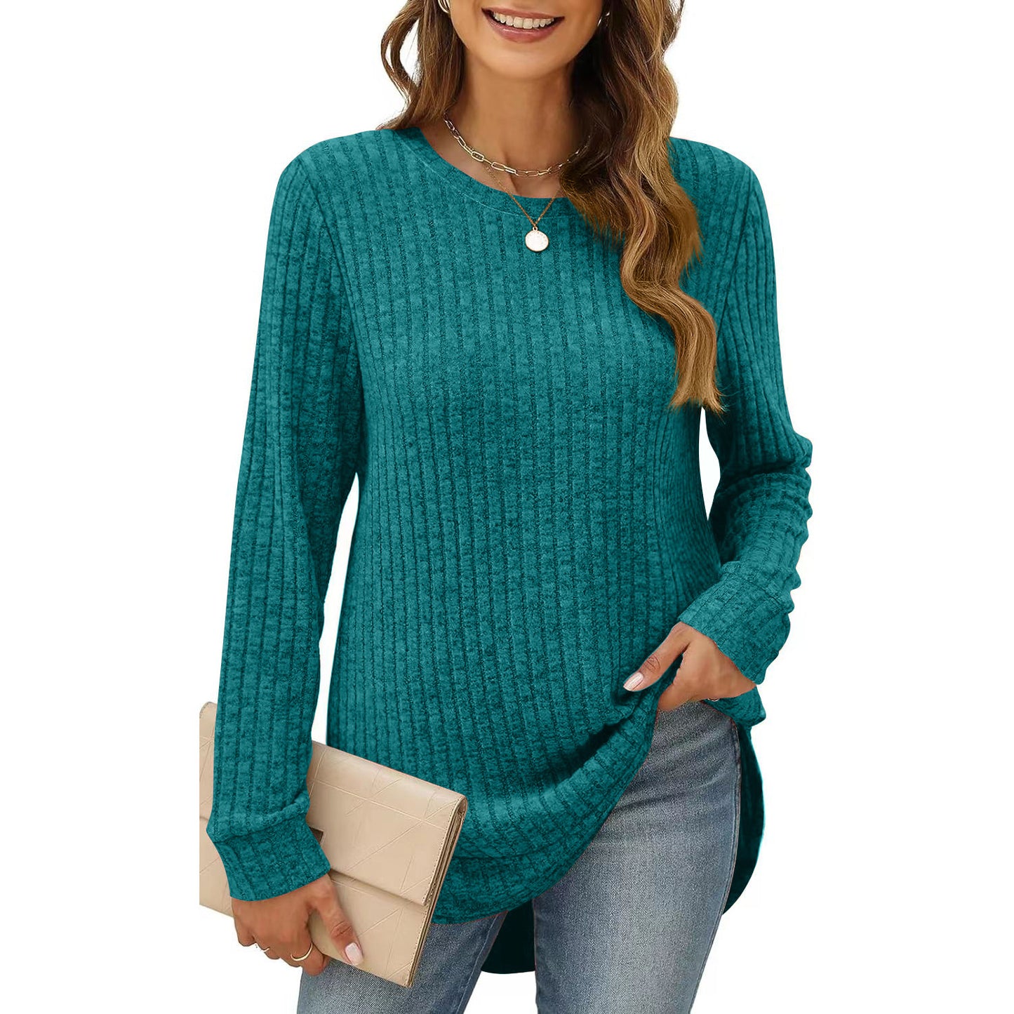 Women's Color Round Neck Long Sleeve Brushed Blouses