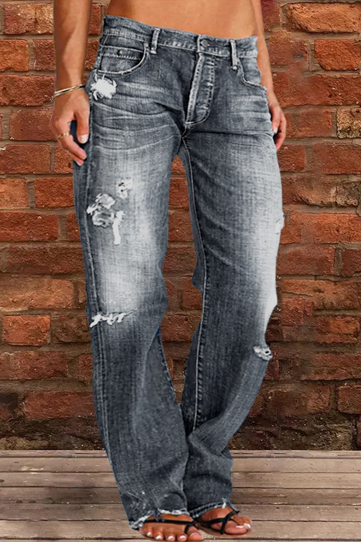 Women's Denim Trousers Fashion Elastic Hole Casual Pants