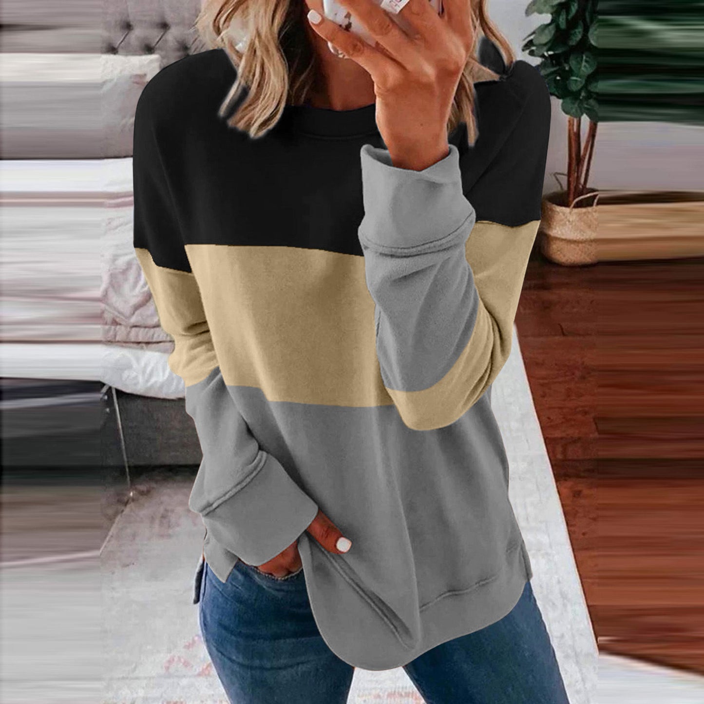 Women's Color Matching Contrast Casual Loose Pullover Blouses