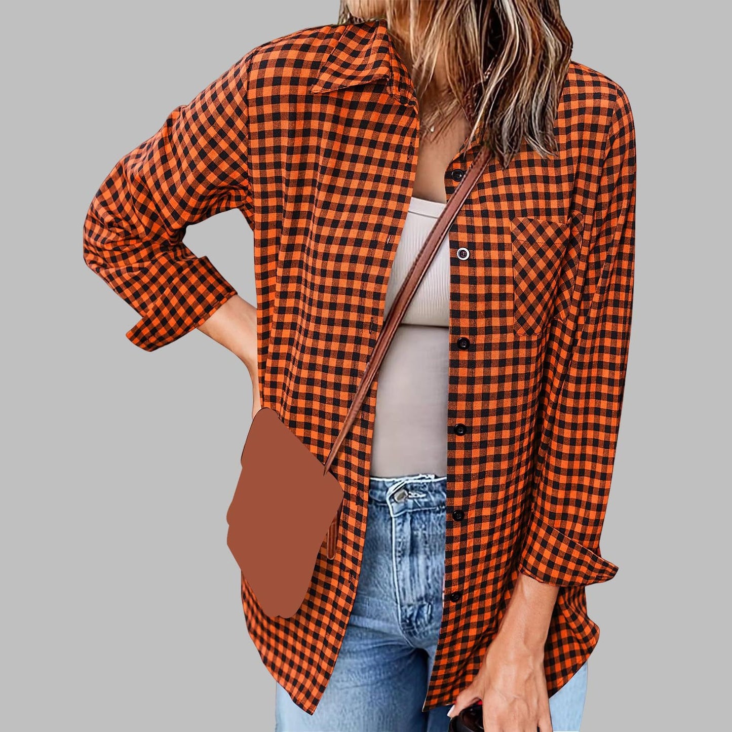 Women's Printed Plaid Shirt Lapel Loose Blouses