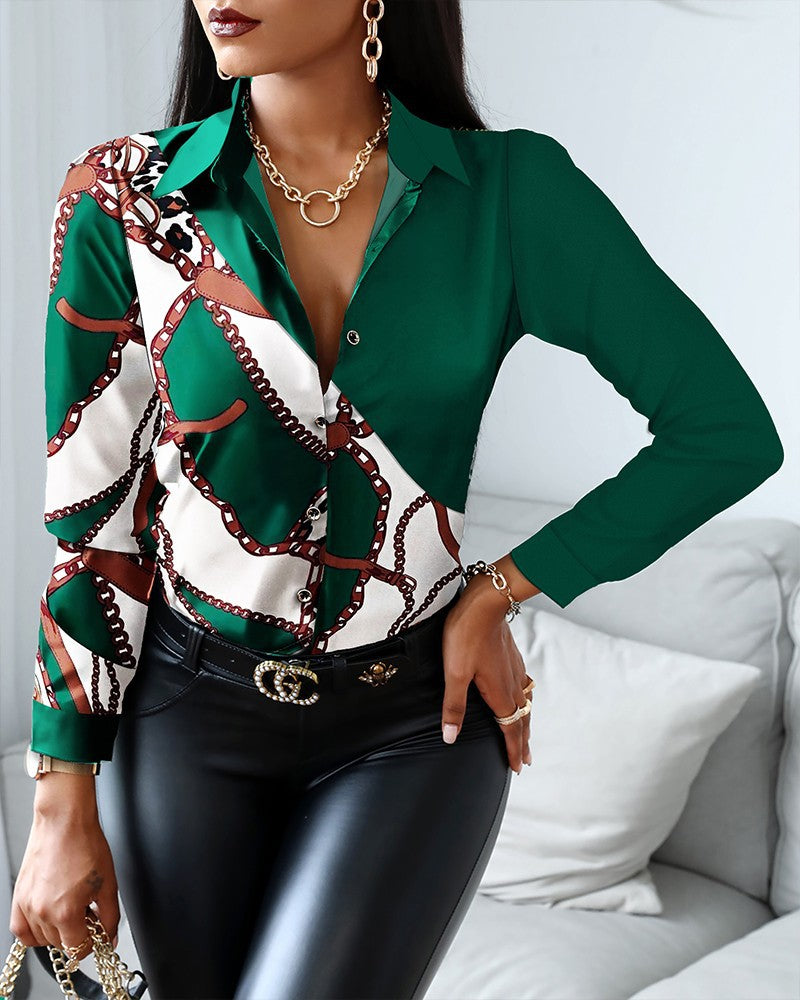 Long Sleeve V-neck Color-block Retro Shirt Blouses