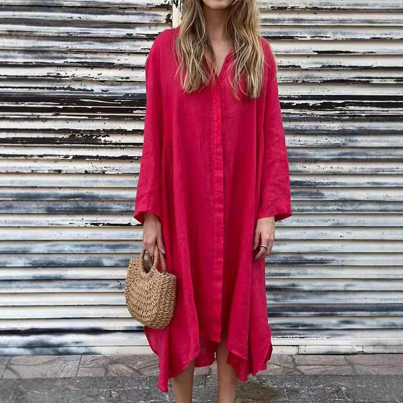 Women's Loose Solid Color Cotton Linen Dress Fashion Casual Dresses