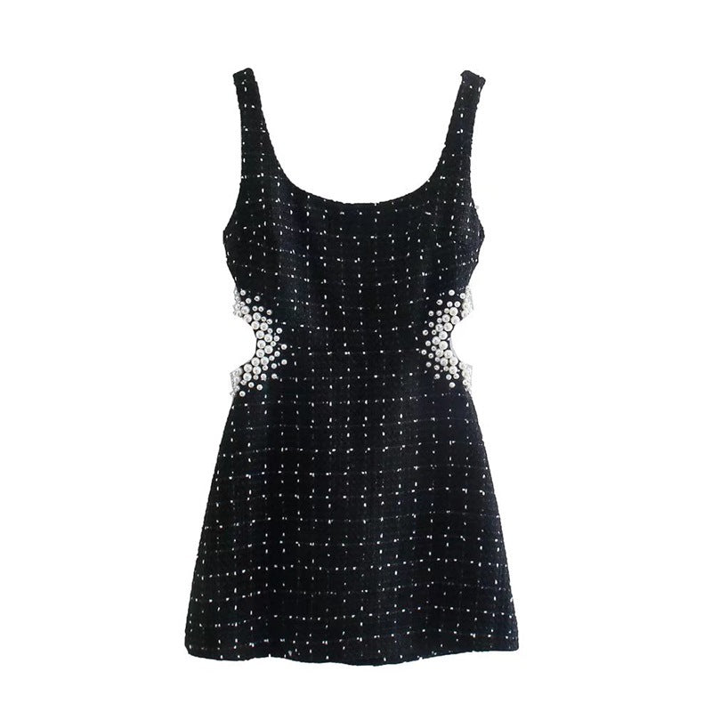 Women's Pearl Decorative Woolen Midriff Outfit Sling Dresses