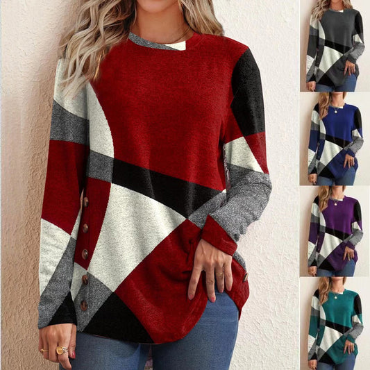 Women's Cashmere Printing Color Long-sleeved T-shirt Blouses