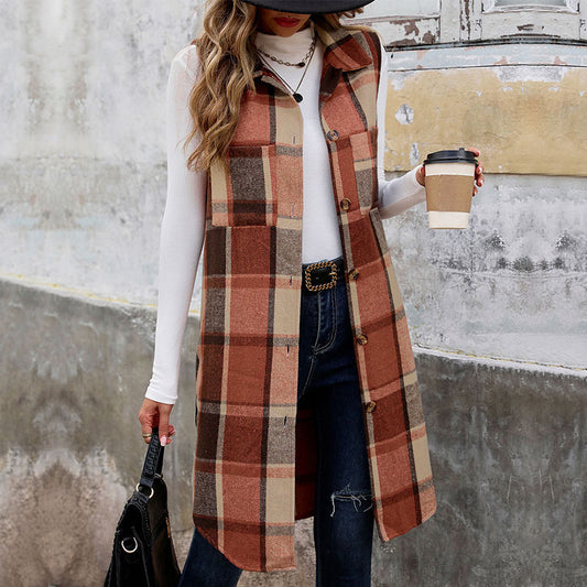 Unique Sleeveless Lapel Retro Mid-length Plaid Vests