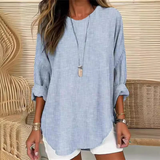 Fashion Printed Striped Crew Neck Long Blouses