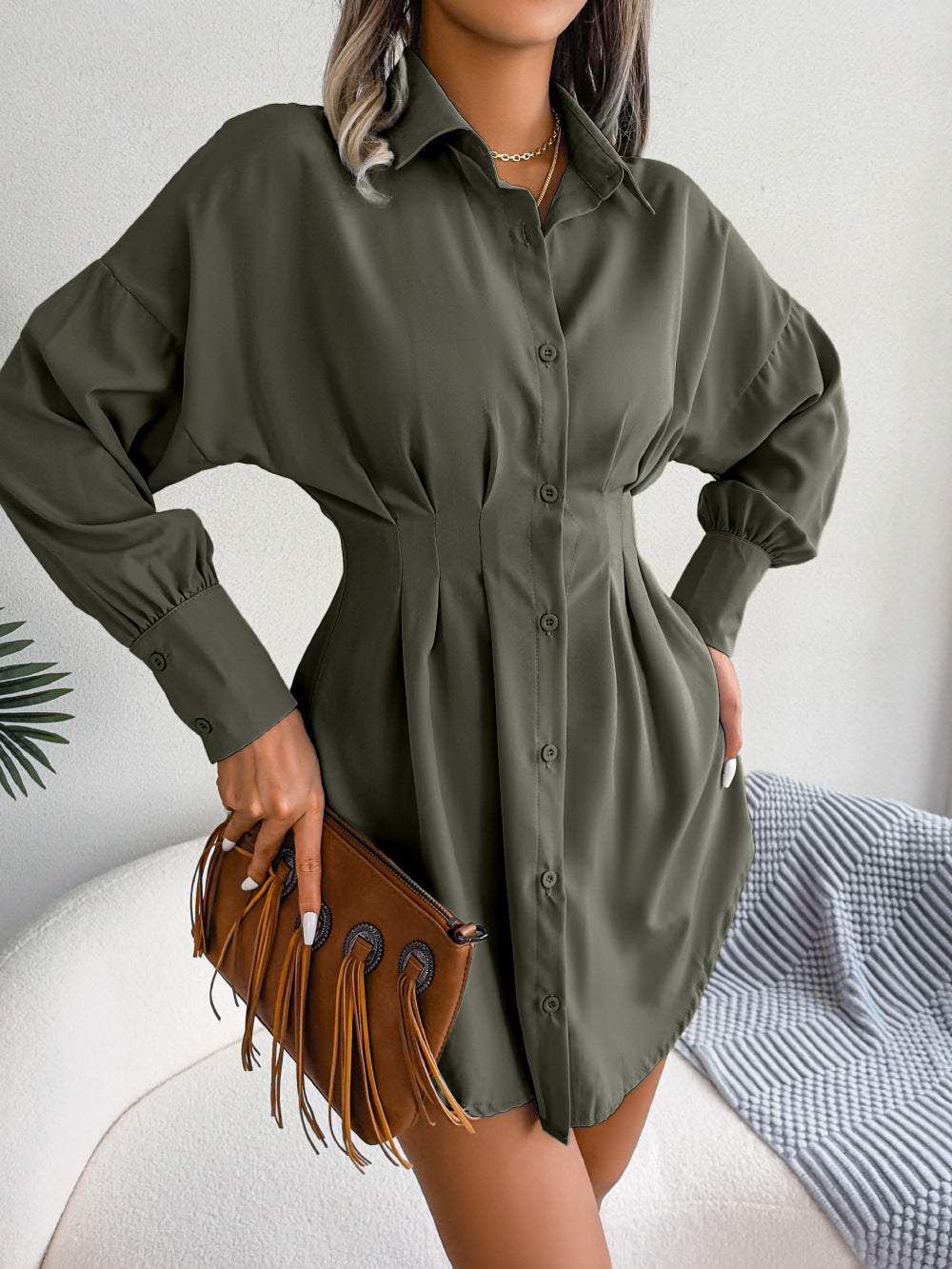 Women's Casual Lantern Sleeve Waist-tight Asymmetric Shirt Dresses