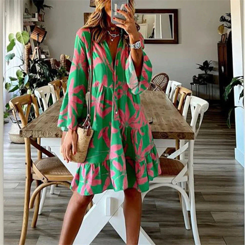 Women's Long Sleeve Printed Flare Mid-length Dress Dresses