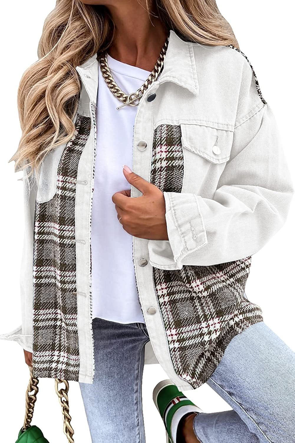 Denim Long Sleeve Plaid Button-down Shirt Tops