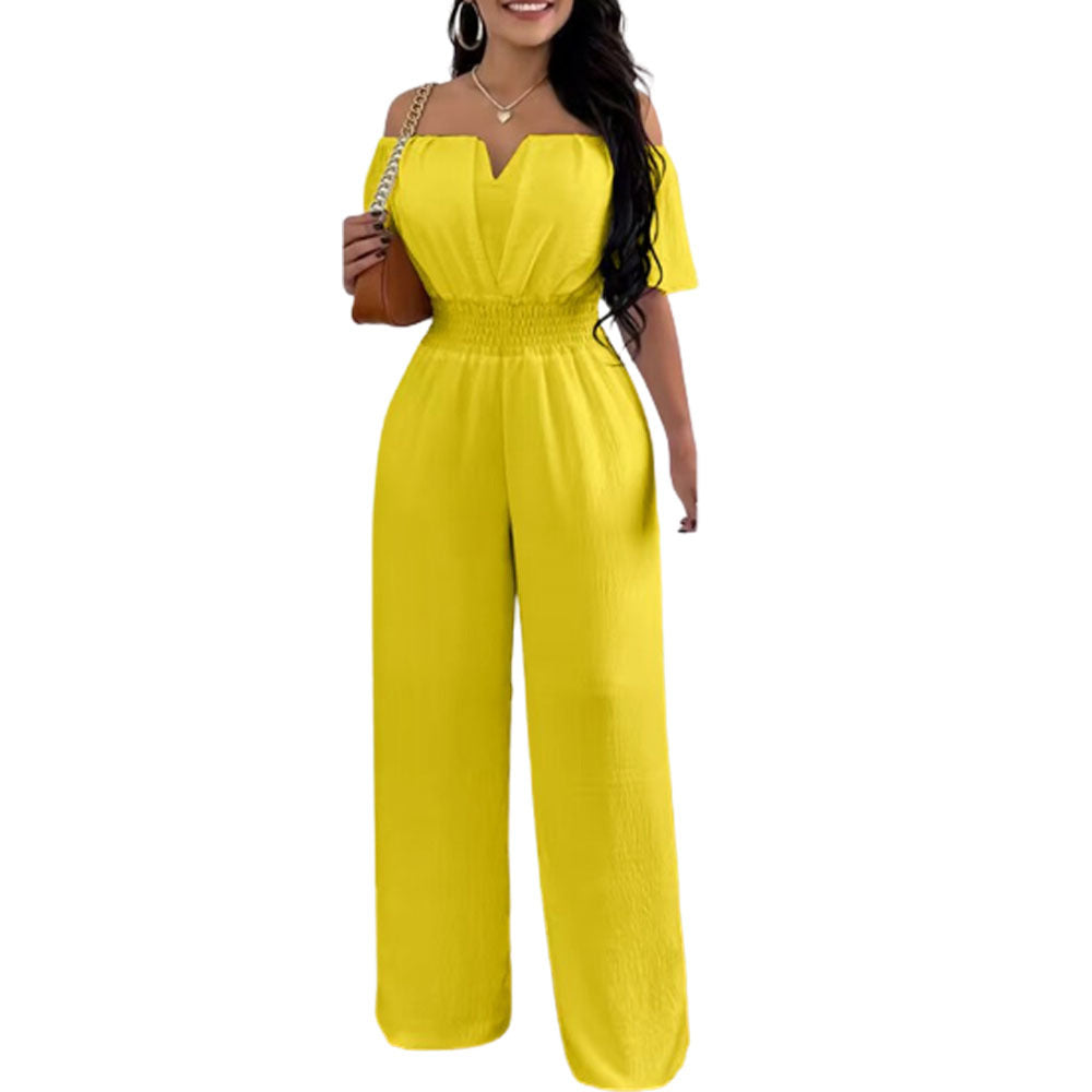 Women's Off-neck Waist Trimming Loose Straight Collar Jumpsuits