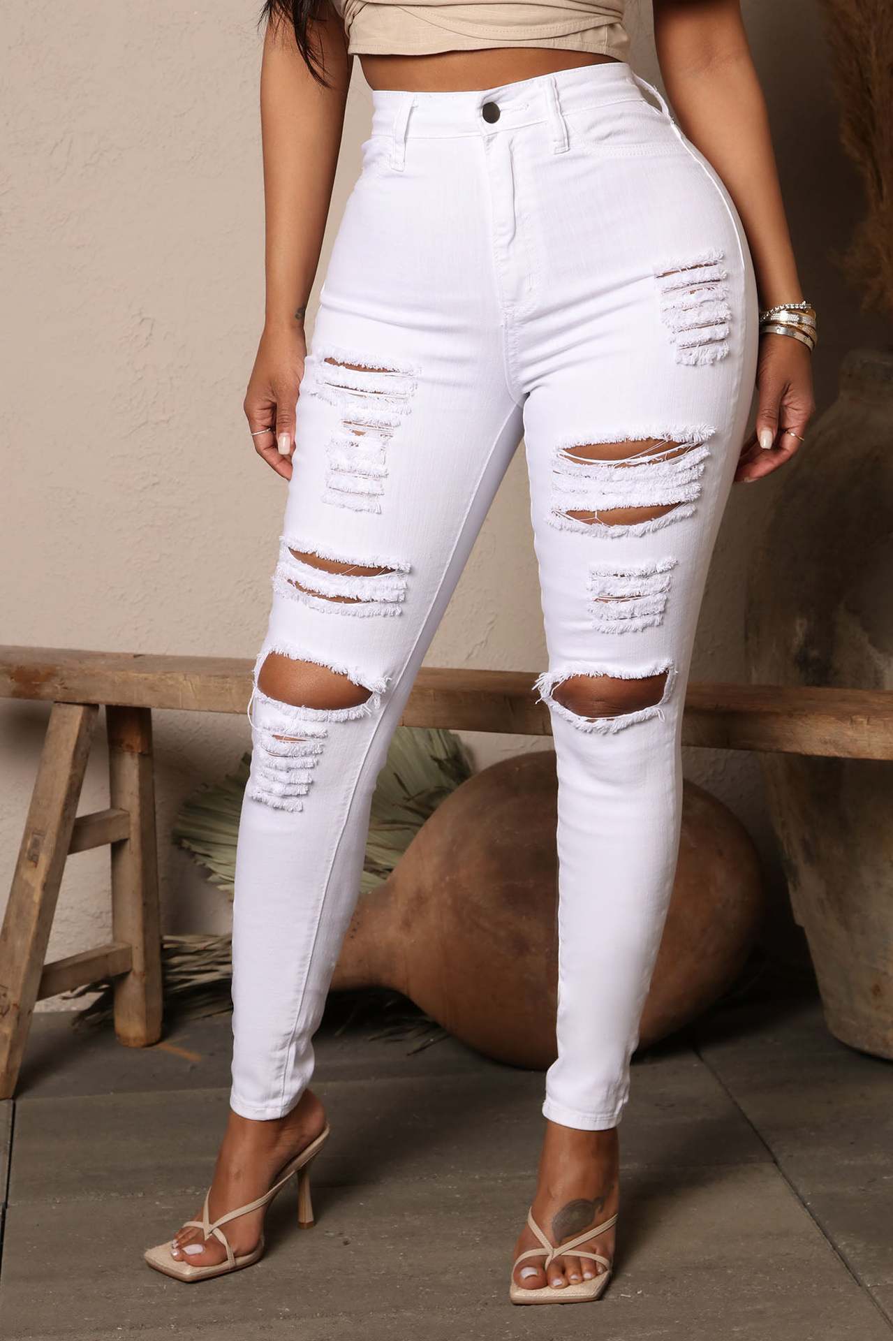 Women's Black White Stretch Ripped Skinny Jeans