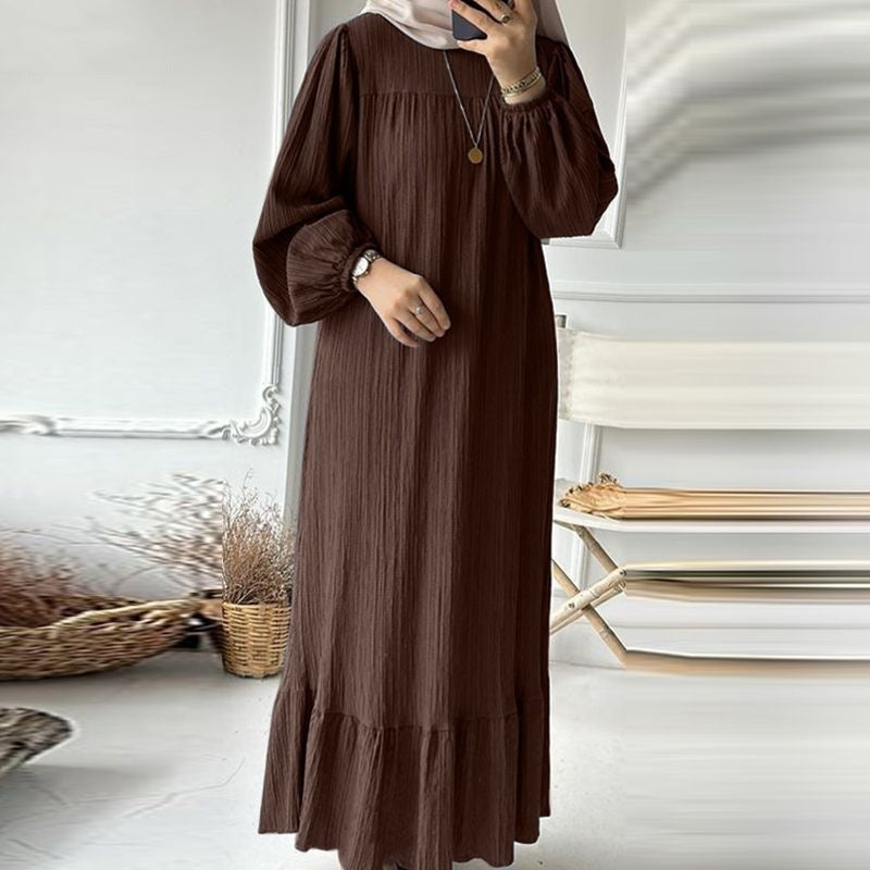 Women's Muslim Wear Robe Fashion Puff Sleeve Vintage Pocket Clothing