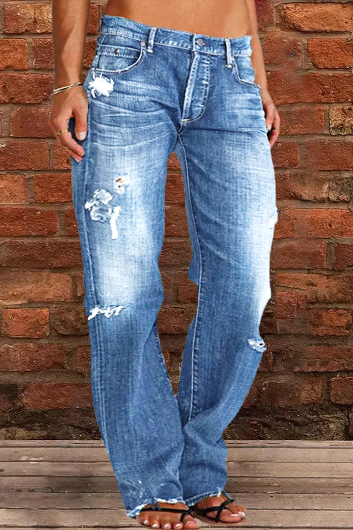 Women's Denim Trousers Fashion Elastic Hole Casual Pants