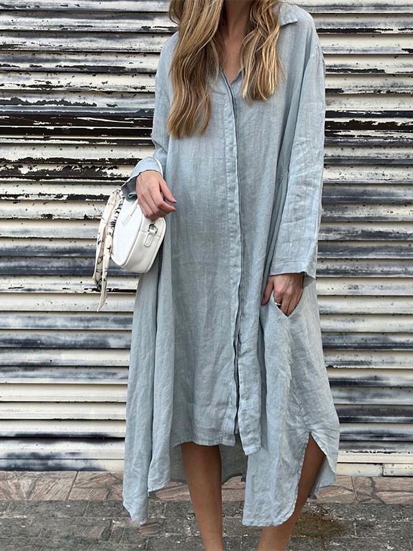 Women's Loose Solid Color Cotton Linen Dress Fashion Casual Dresses