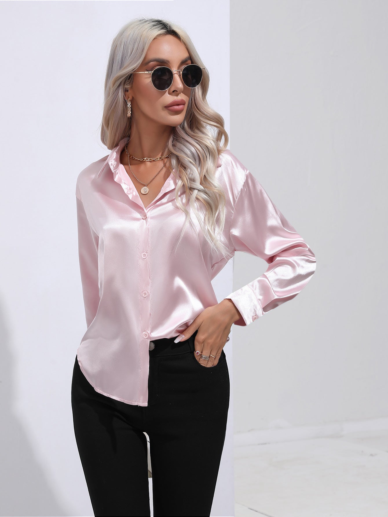 Women's Attractive Pretty Satin Shirt Long-sleeved Blouses