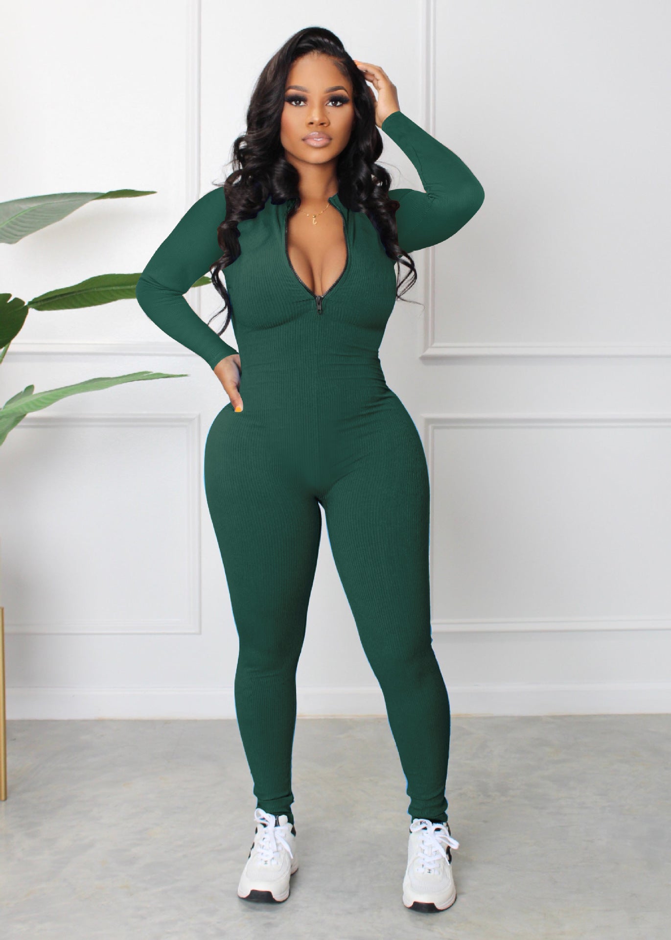 Casual Autumn Sunken Stripe Zipper Sports Jumpsuits