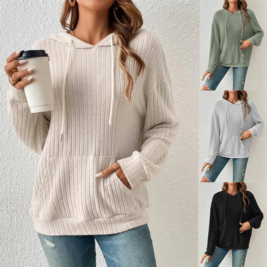 Women's Autumn Hooded Sunken Stripe Kangaroo Pocket Sweaters