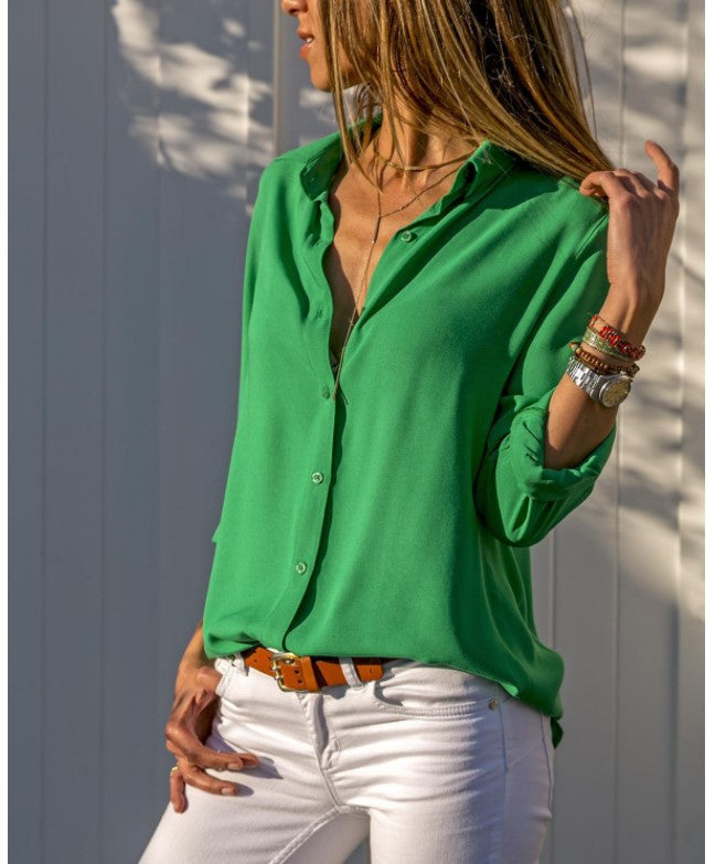 Women's Long-sleeved Deep V Button Chiffon Shirt Blouses