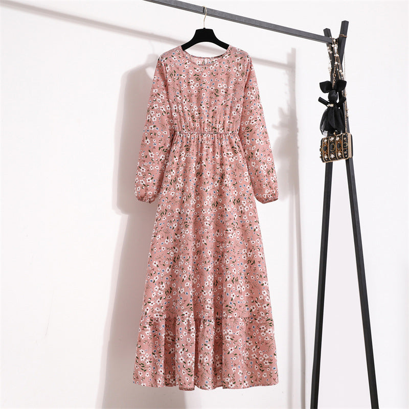 Women's High Waist Long Retro Chiffon Printed Floral Round Neck Dresses