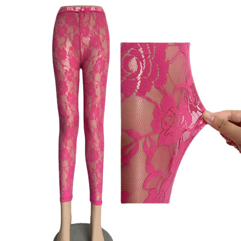 Women's Style Sexy Rose Lace Mesh Transparent Leggings