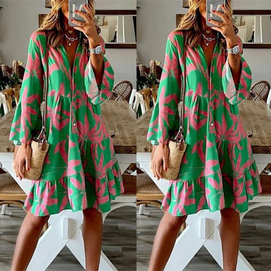 Women's Long Sleeve Printed Flare Mid-length Dress Dresses