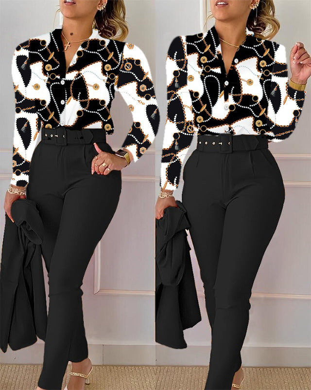 Fashion Printed Long-sleeved Solid Color With Tops