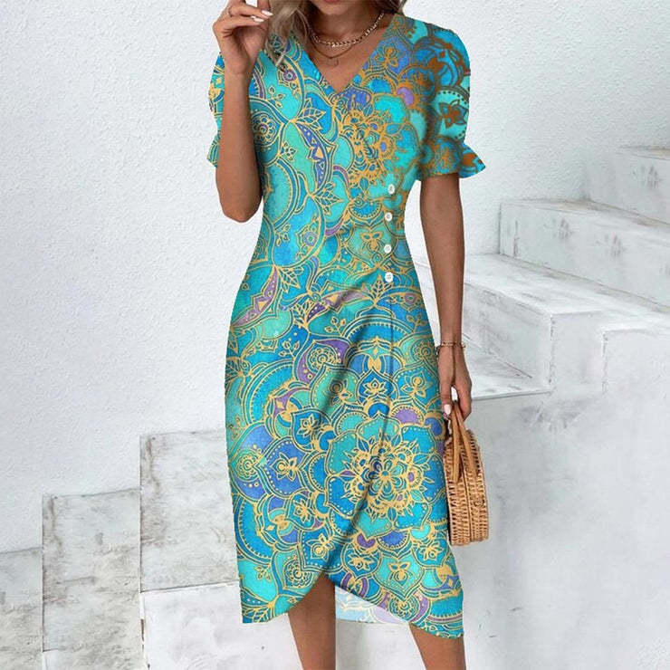 Summer Geometric Patchwork Puff Sleeve Irregular Dresses