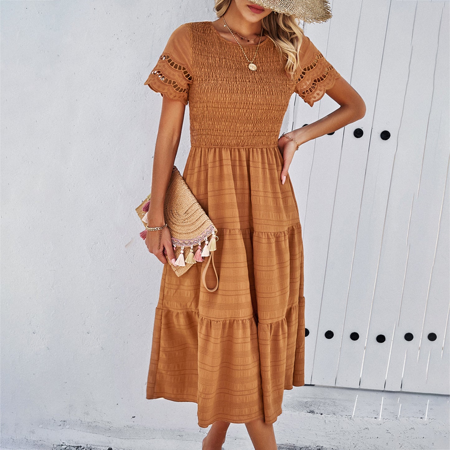 Women's Pure Color Temperament Smocking Hollow Dress Dresses