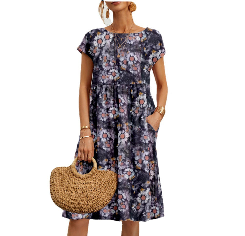 Women's And Linen Sleeveless Round Neck Printed Dresses