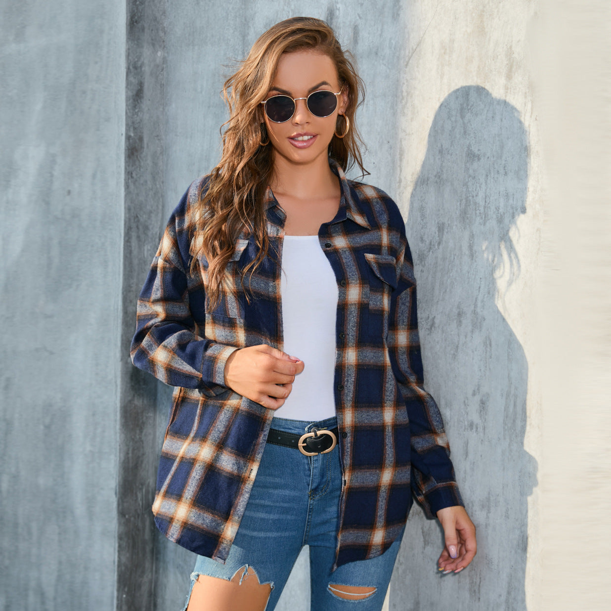 Women's Long-sleeved Plaid Button Shirt With Full Blouses