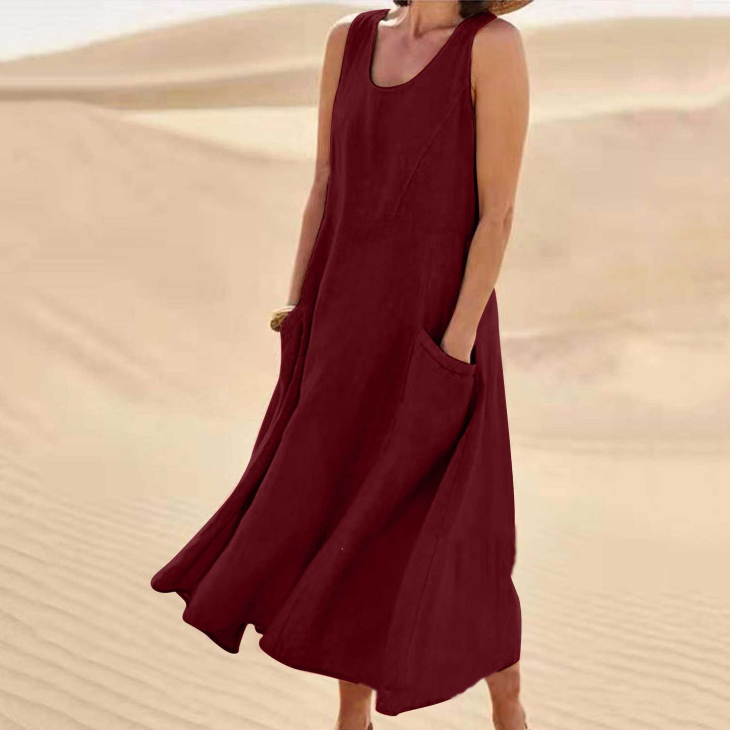 Women's Summer Pocket Sleeveless Round Neck Cotton Dresses