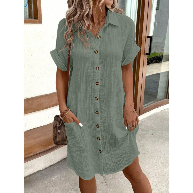 Women's Summer Simple Buttons Cotton Linen Dress Dresses