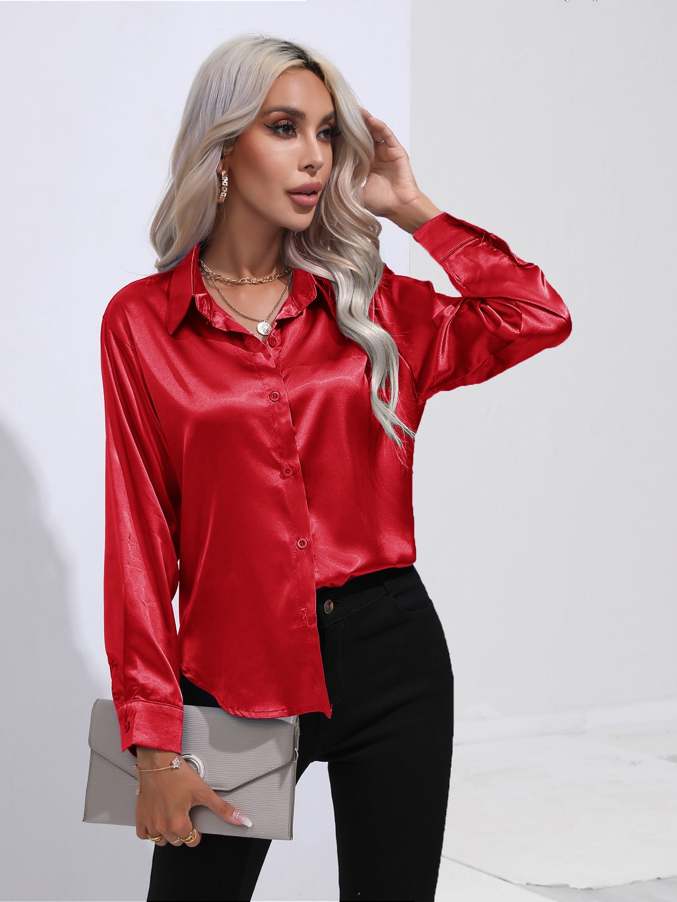 Women's Attractive Pretty Satin Shirt Long-sleeved Blouses