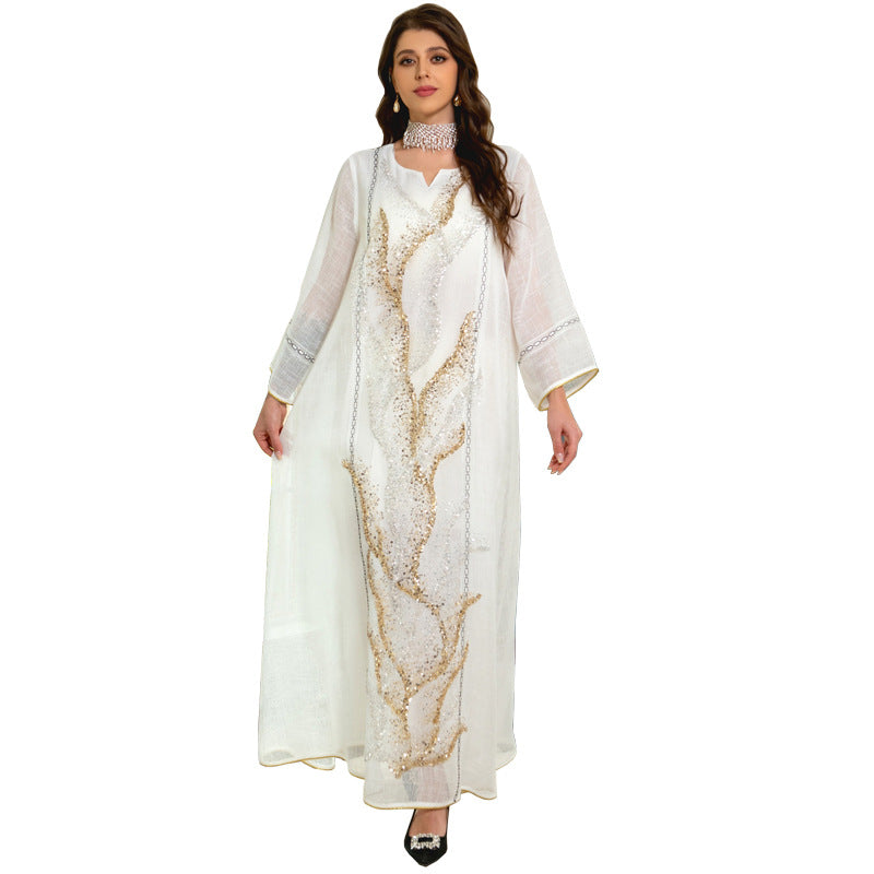 White Mesh Sequin Embroider Muslim Dress Saudi Clothing