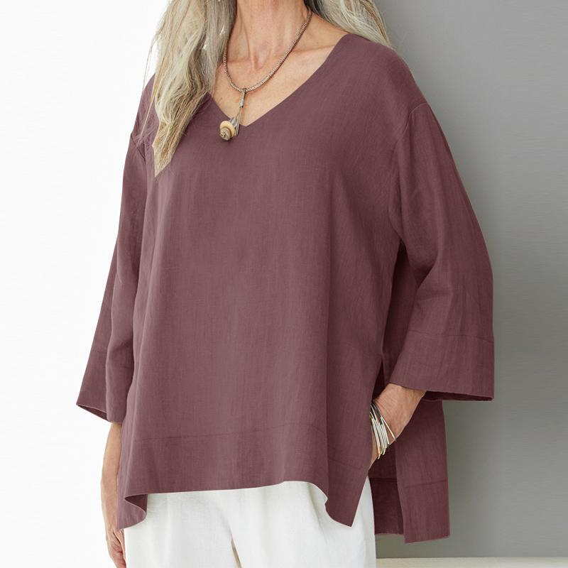 Loose Split Casual Solid Color Cotton Blouses