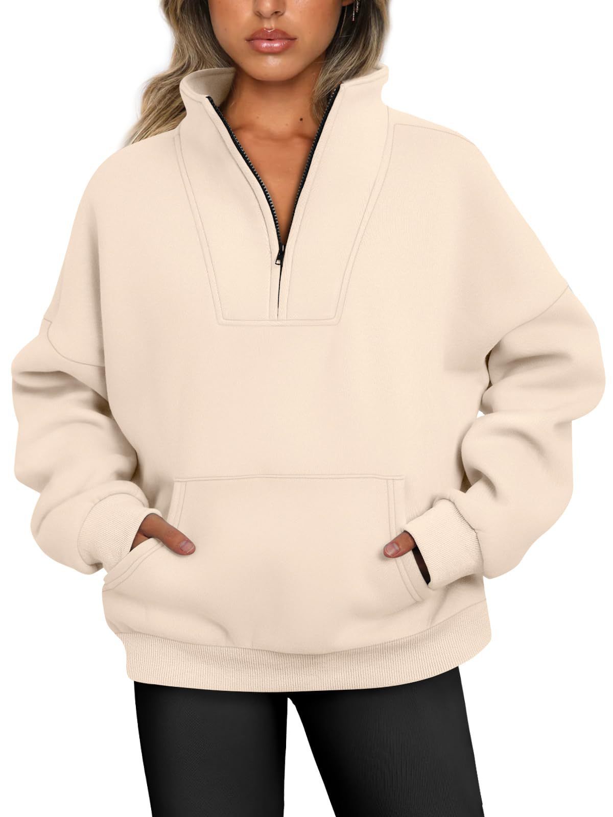 Women's Stand Collar Solid Color Hoodie Pocket Zipper Casual Tops