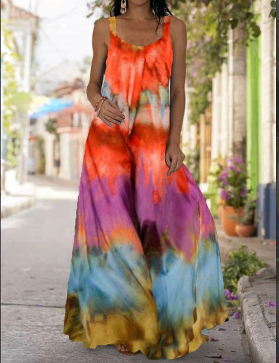 Summer Tie-dyed Printed Bohemian Off-the-shoulder Strap Dresses