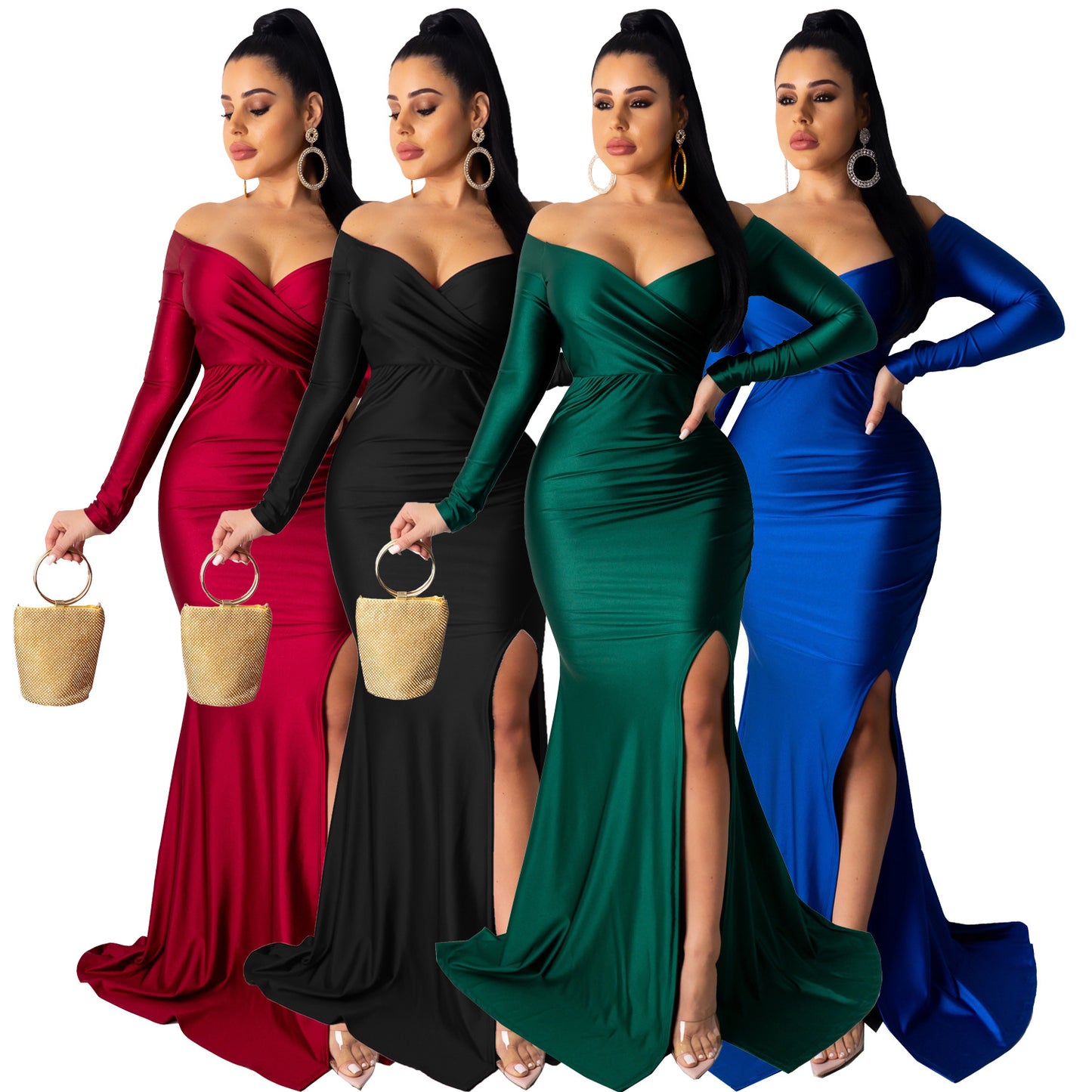 Women's Sexy Nightclub V-neck Formal Solid Color Large Long Sleeve Dresses