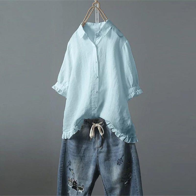 Women's Linen Shirt Casual Single-breasted Ruffled Sleeves Blouses