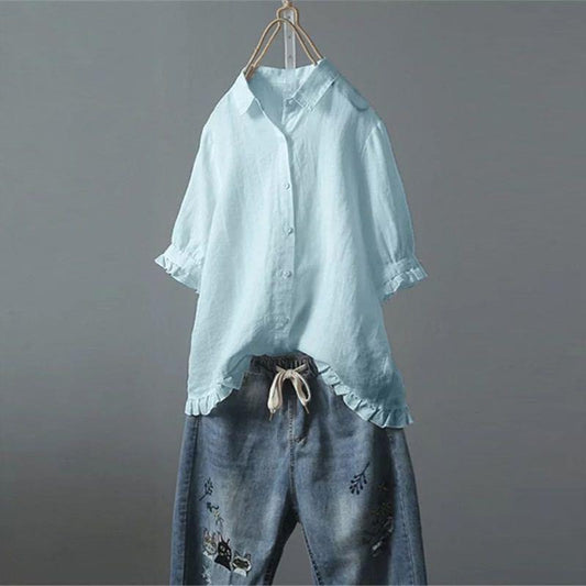 Women's Linen Shirt Casual Single-breasted Ruffled Sleeves Blouses