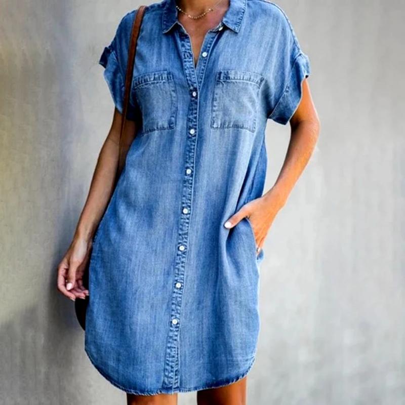 Women's Lapel Sleeve Slim Denim Shirt Dress Dresses