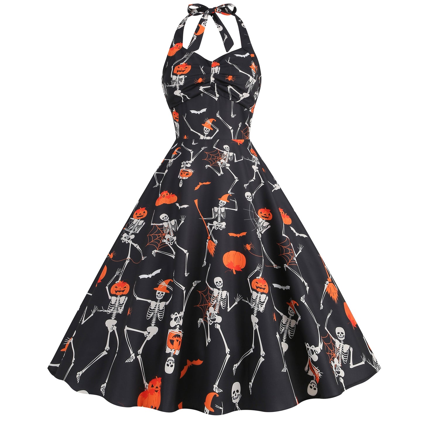 Women's Halloween Skull Print Contrast Color Halter Dresses