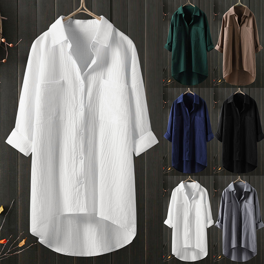 Women's Solid Color Shirt Cotton Double Pocket Blouses