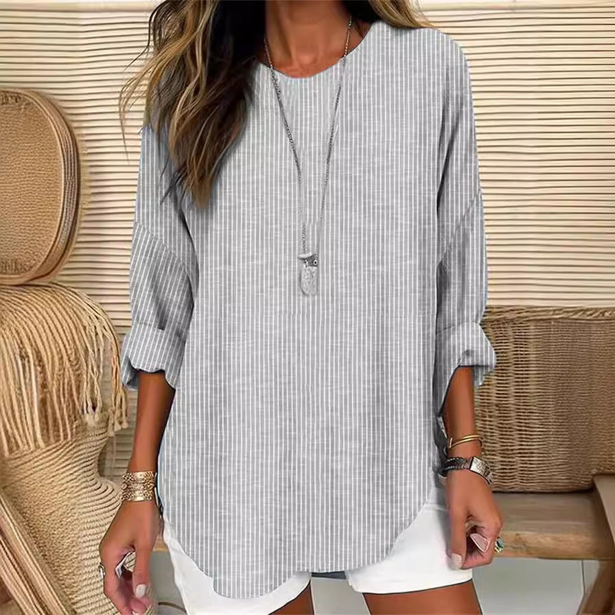 Fashion Printed Striped Crew Neck Long Blouses