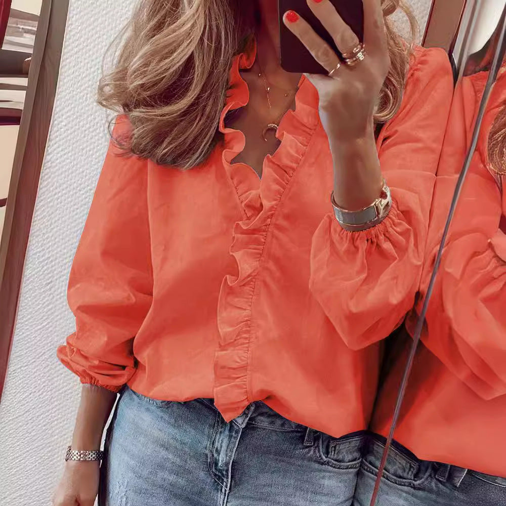 Women's Beautiful Classic Long Sleeve Ruffle Blouses