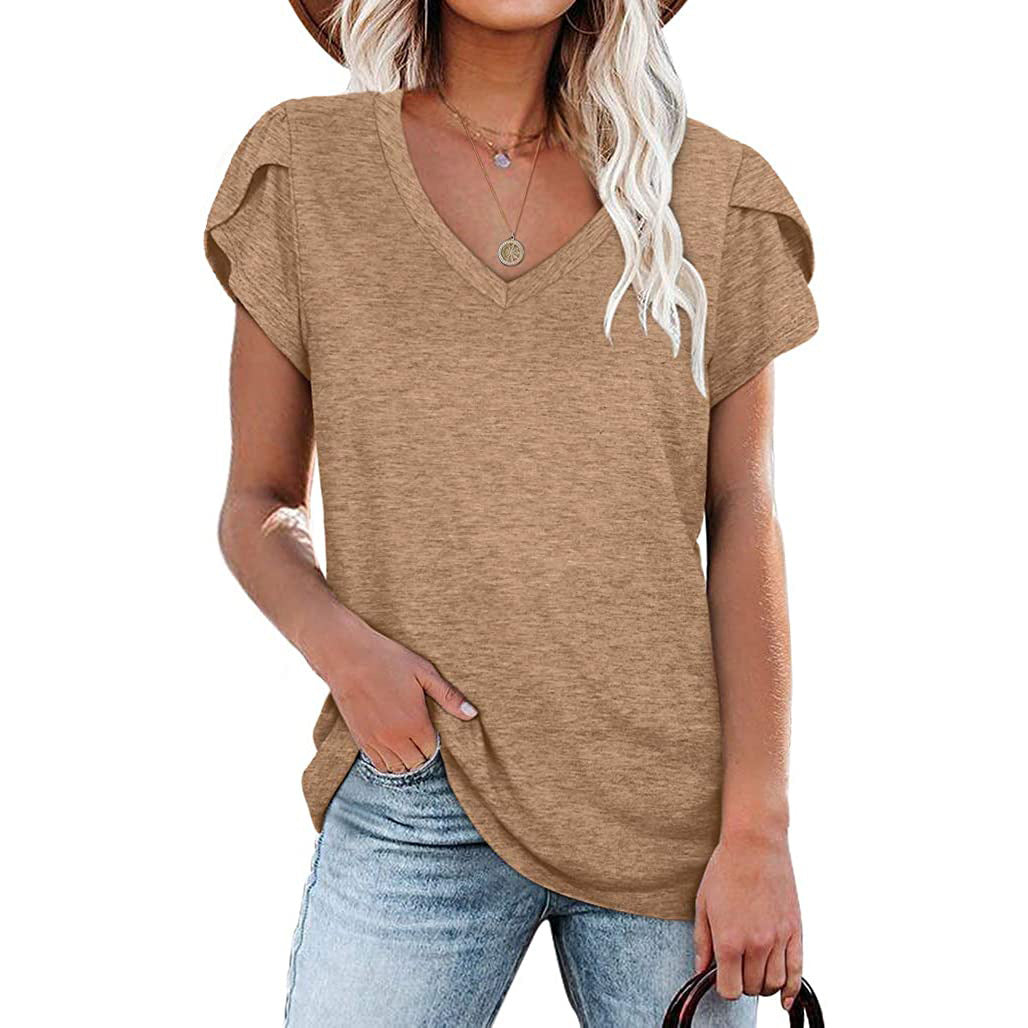 Women's Solid Color V-neck Short-sleeved T-shirt Loose Blouses